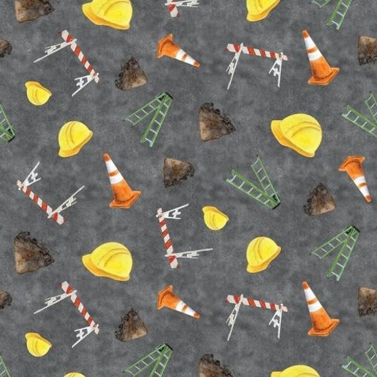 Let's Get Building - Construction Hat, Traffic Cones and Ladders Dark Grey Cotton Fabric by the Yard